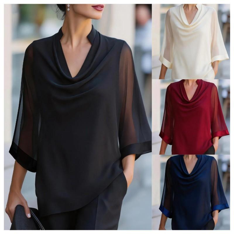 2026 Womens Flowy Chiffon Blouse With Wide Neckline Loose Fit Casual Shirt