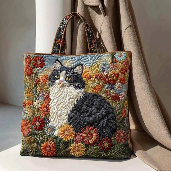 Gesteppte Tragetasche Retro-Print Stoff Pendler-Tote Vintage Leicht Faltbare Handtasche für Damen Tägliche Nutzung Reise Einkaufen