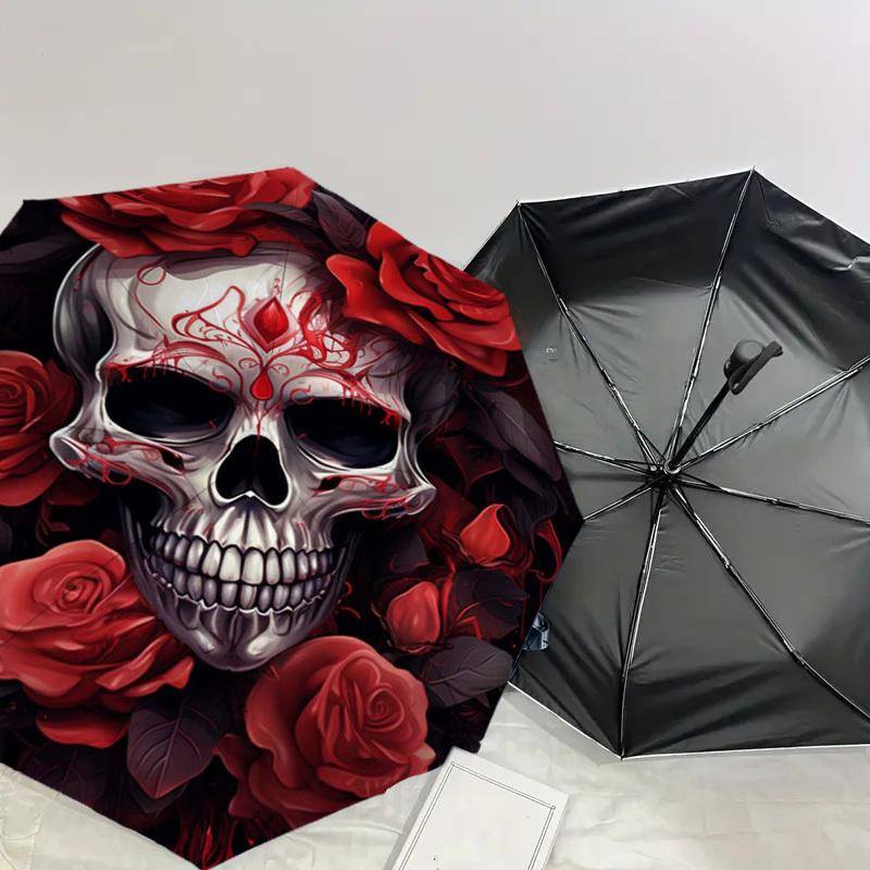 1pc Day of the Dead Skull with Roses Umbrella with Plastic Handle,Suitable for All Seasons Home Travel Outdoor UmbrellaDD272