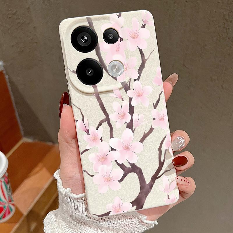 Hand-drawn Style Sakura Pattern Case For Xiaomi 14T 13T 11T Pro Funda Redmi Note 14 13 Pro 5G 12 11 Leather Texture Silicone Cover