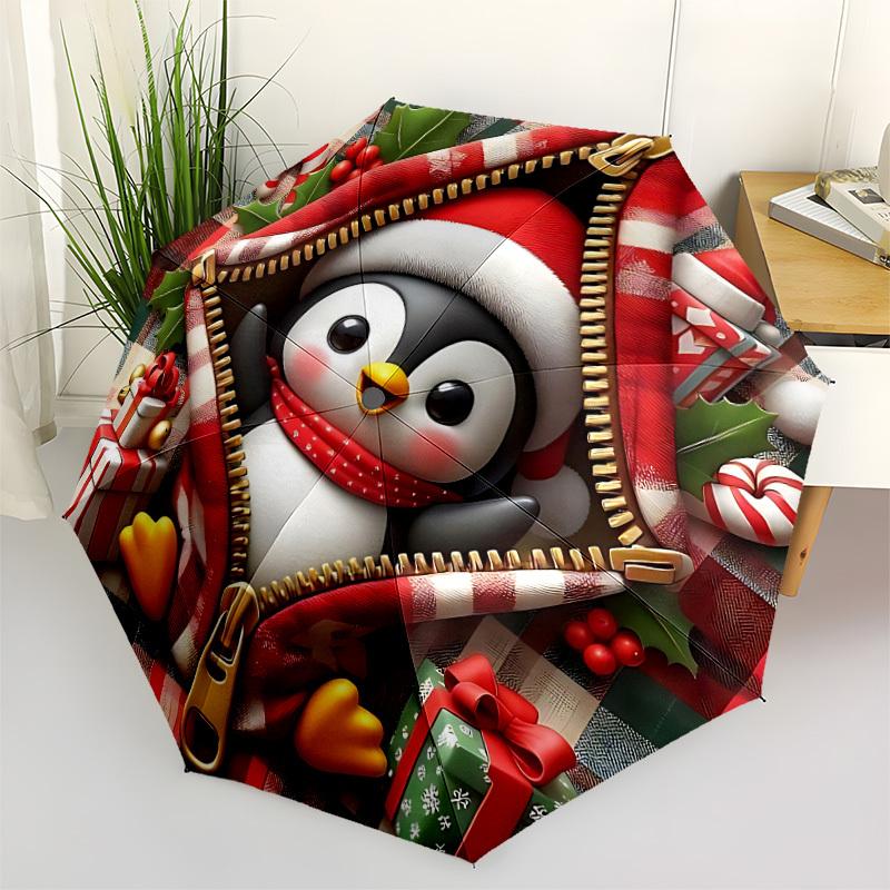 1pc Penguin Christmas Automatic Open/Close Umbrella, Windproof, Folding Compact Umbrella with Lightweight Design for Women/Men003