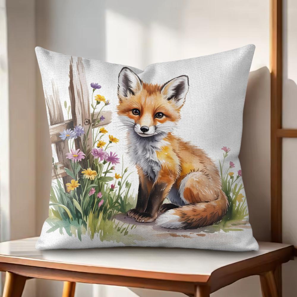 Fox printed Cushion Cover Natural Linen Organic Fabric DoubleSided Printing Couch Pillow Covers Home Decor Gift