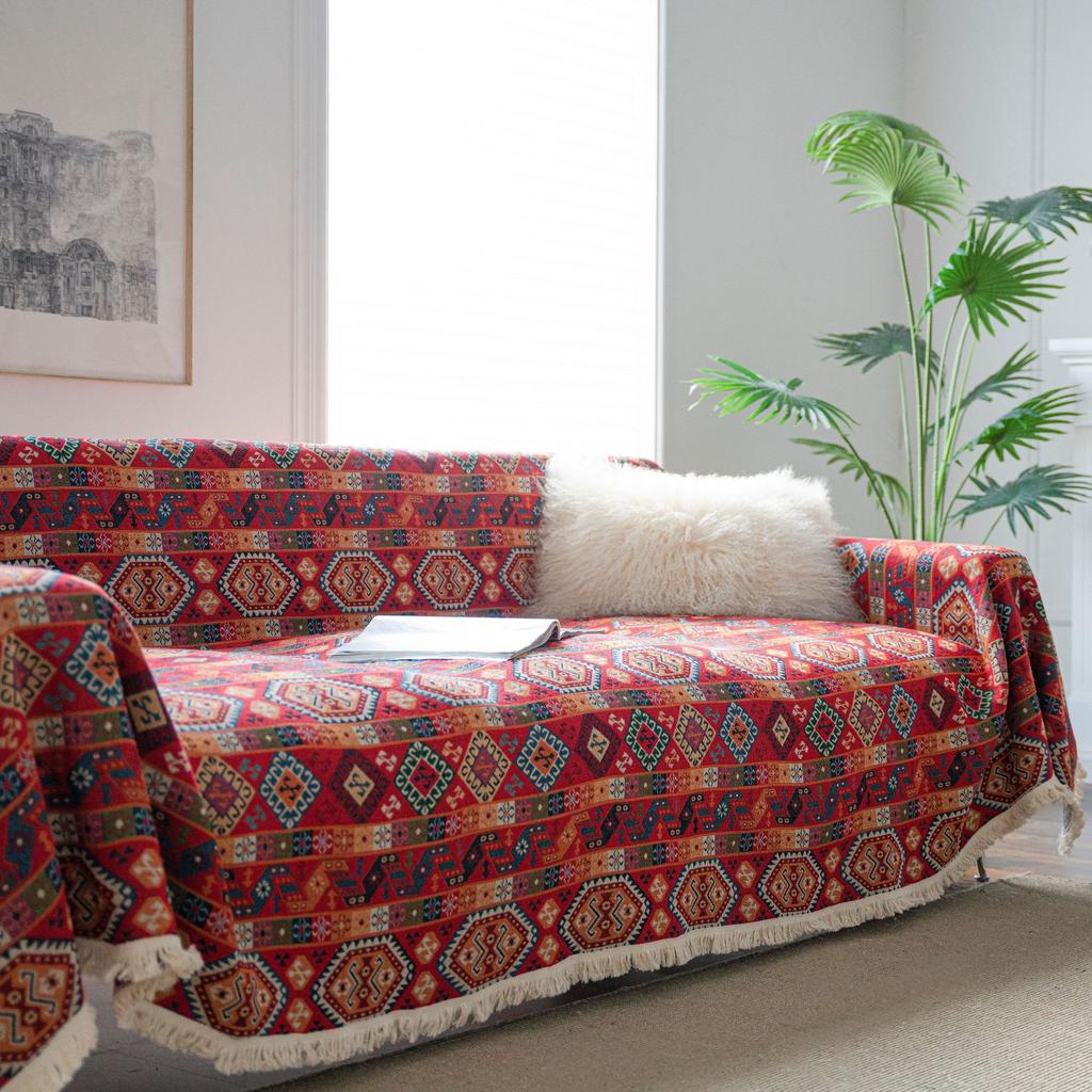 One-Piece Sofa Towel Anti-Cat Scratch Red Festive Ethnic Style Jacquard Thick Retro