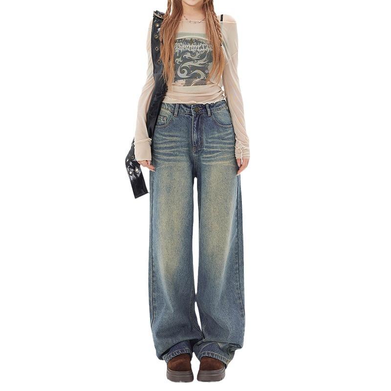 American Washed Textured Old High-waisted Jeans Women's Autumn Loose Wide-legged Thin Versatile Drape Trousers
