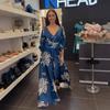 European and American Women's Clothing New Fashion Printed Bubble Sleeves V-neck INS Style Casual Pendulum Dress Long Dress