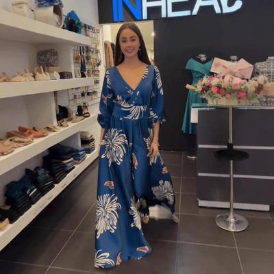 European and American Women's Clothing New Fashion Printed Bubble Sleeves V-neck INS Style Casual Pendulum Dress Long Dress
