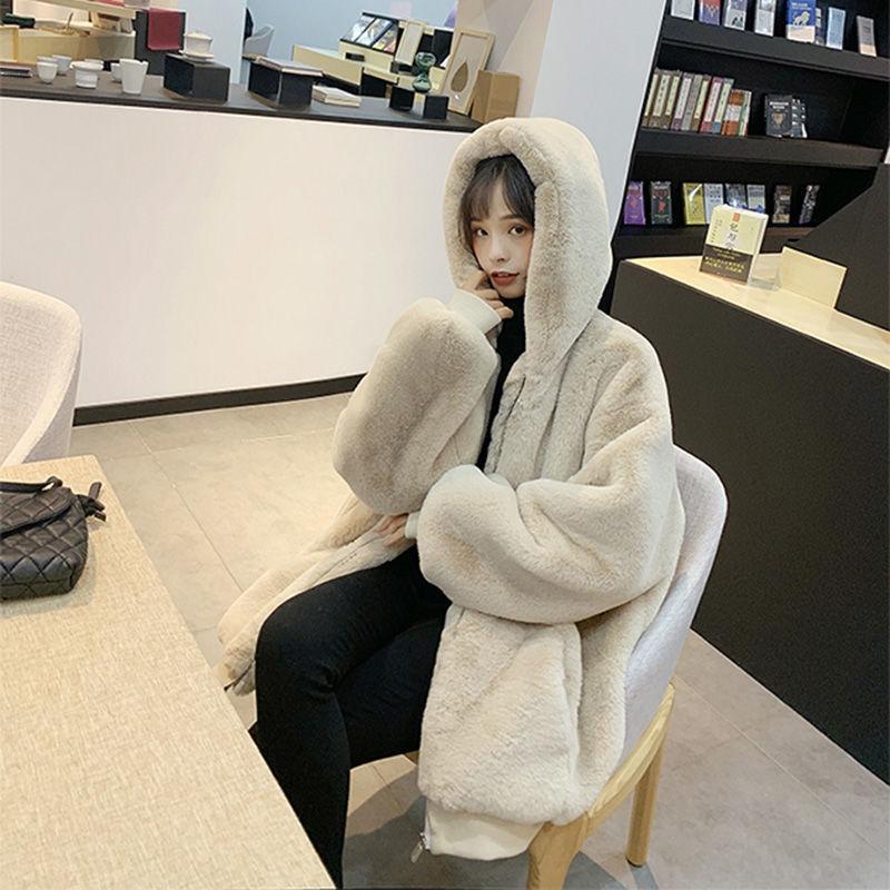Loose Plush Jacket Women's Winter Rabbit Velvet Medium and Long 2 New Thickened Hooded Coat