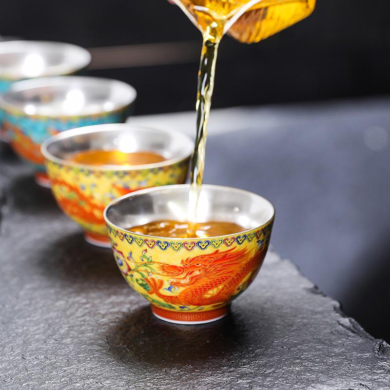 Handmade 999 Sterling Silver Dragon & Phoenix Enamel Tea Cup Gift Set - Gongfu Court Style