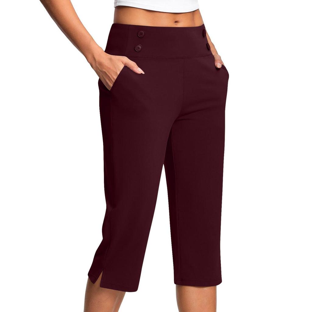 Pantalon court décontracté taille haute pour femme, couleur unie, avec poches boutonnées et ourlets fendus, idéal pour le sport et le yoga