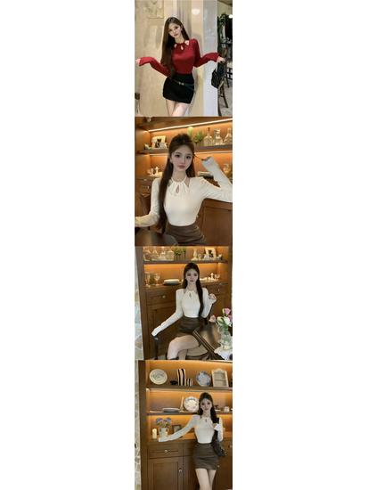 Women's Hollow Design Halter Neck Long Sleeve T-Shirt - Slim-Fit, Stylish, Sexy Spring/Autumn Base Layer.