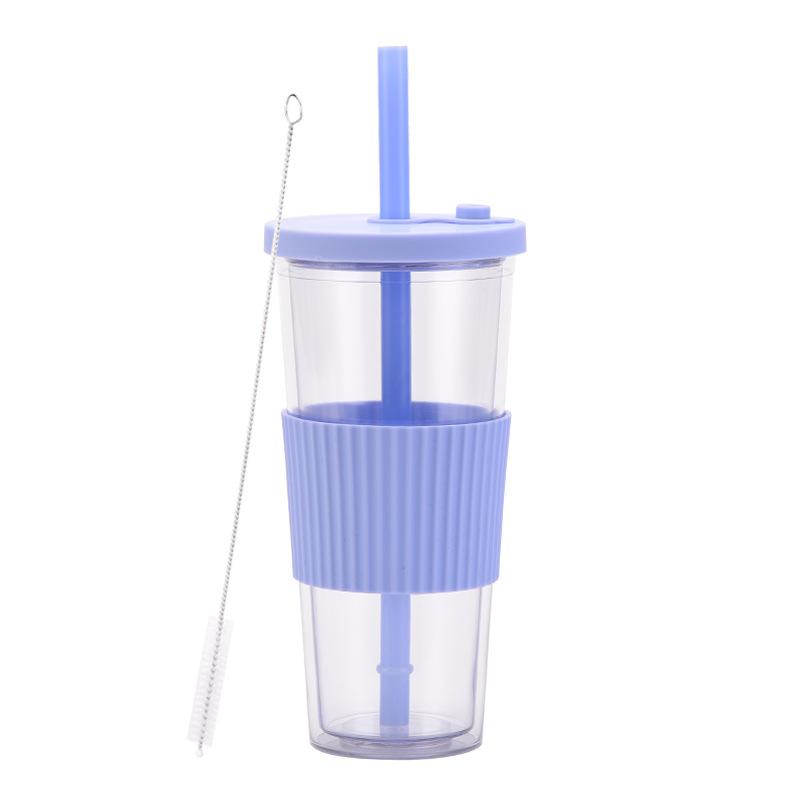 2025 Large Capacity Double Layer Plastic Cup Large Hole Straw Pearl Boba Milk Tea Cup Portable Outdoor Straw Cup