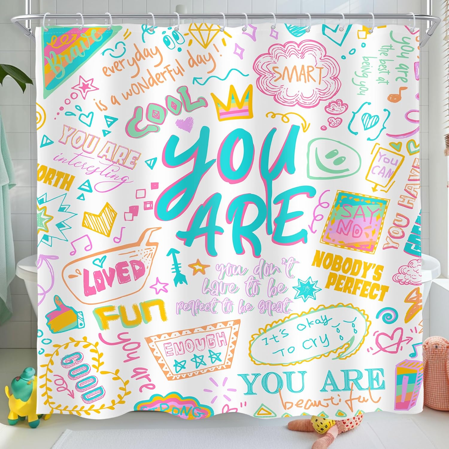 

Kids Positive Quotes Shower Curtain Pink Neon Cute Funny Abstract Graffiti Girls Girly Teens You are Artwork Cloth Waterproof 90x180cm