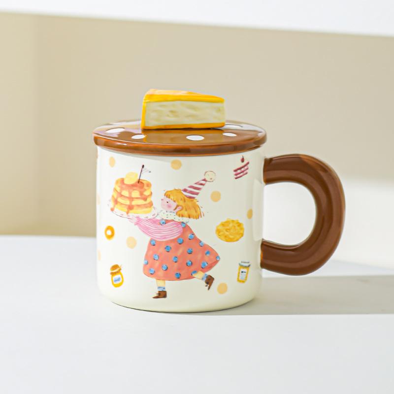Dessert Bread Boy Girl Ceramic Mug Couple Cup Water Cup with Lid Cute Cup Underglaze Color for Girls