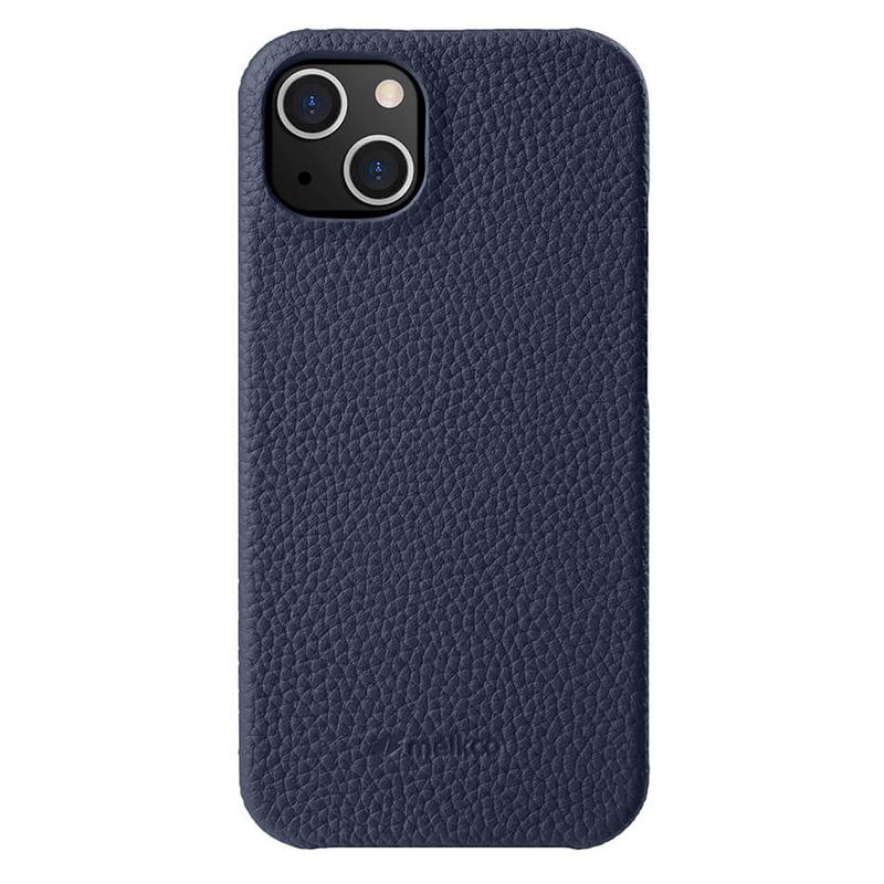 

MELKCO For iPhone 14 Genuine Cow Leather Coated PC Back Cover Anti-drop Phone Case Dark Blue