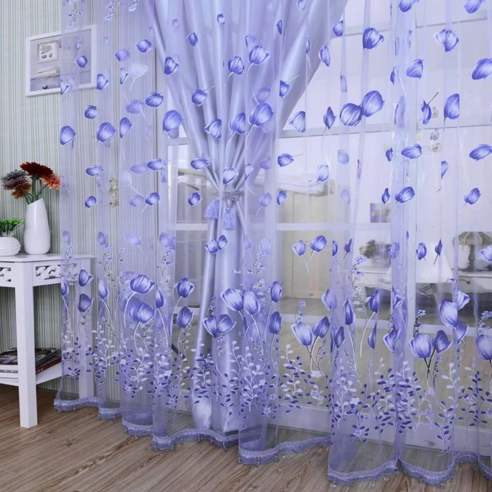 Printed Tulip Window Screen Polyester Sheer Curtains Fashion Drape Curtain  For Living Room