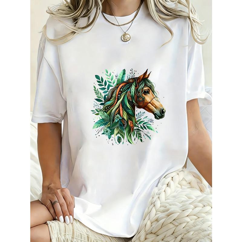Oversized T Shirt Dress Black Horse With Tropical Leaves And Flowers Print Casual Wear For Women