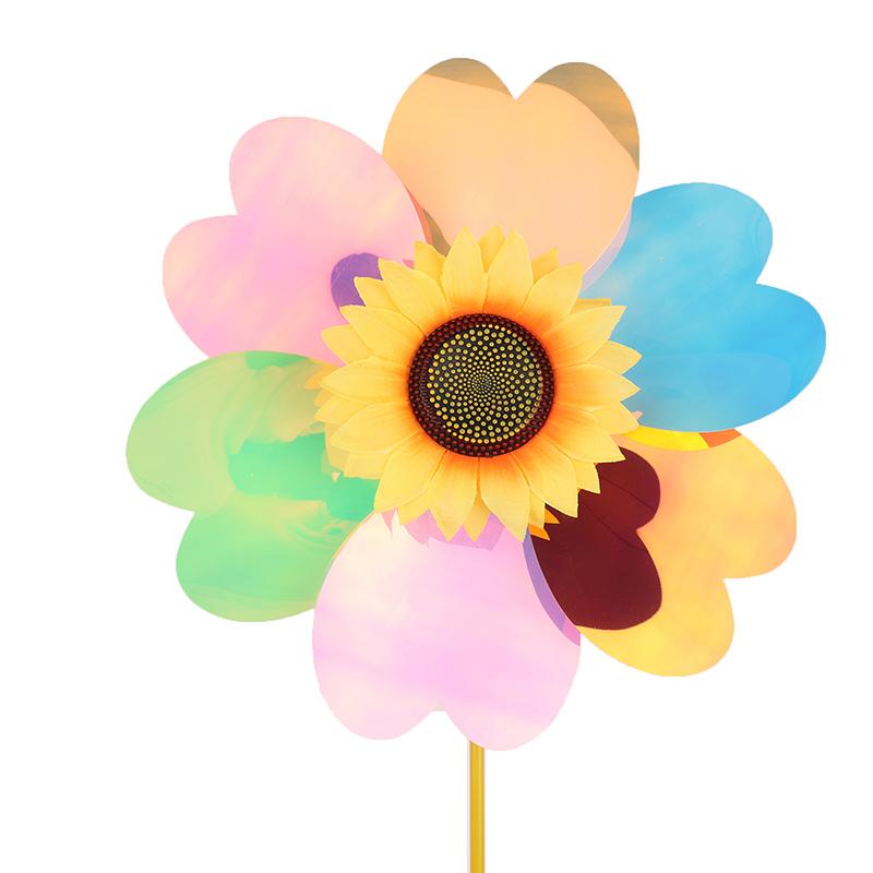 1 Set Outdoor Garden Decor Double Layered Sunflower Windmill Rotating Sunflower Wind Spinner Stake Standing Lawn Flower Pinwheel