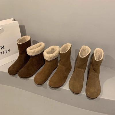 Two-wear Soft Leather Snow Boots for Women's Winter 2025 New Mori Retro Fluffy Short Boots with Velvet Cotton Shoes