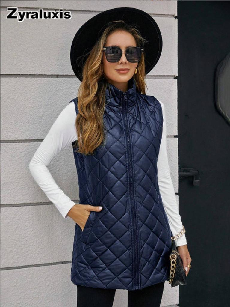 Neues einfarbiges, lang geschnittenes, gestepptes Baumwoll-Westen-Streetwear für Damen