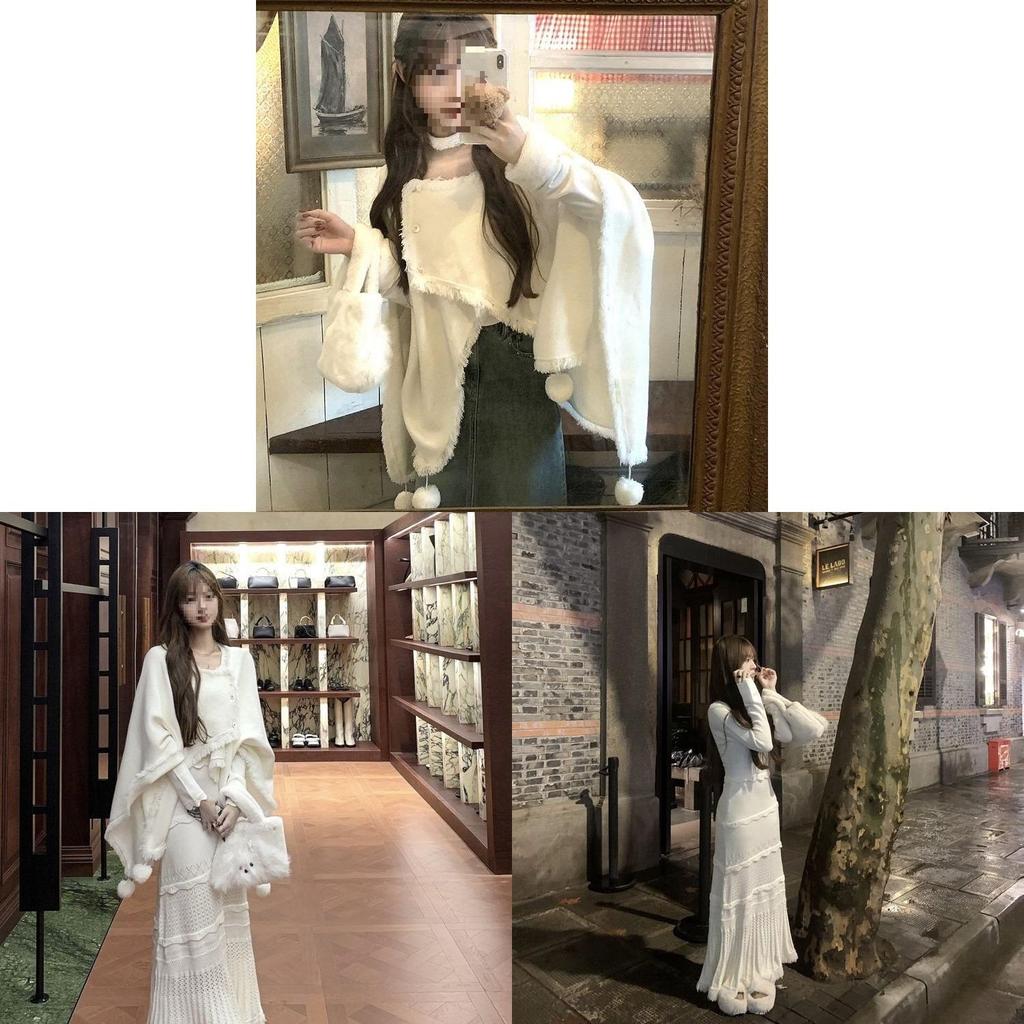 Chinese Style Autumn Winter Sweater Dress Set With Abstract Print For Elegant Women
