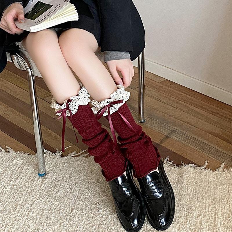 Lace-Trimmed Bow-Tie Knee-High Socks Fashionable Jk Socks Versatile And Slimming Slouch Socks