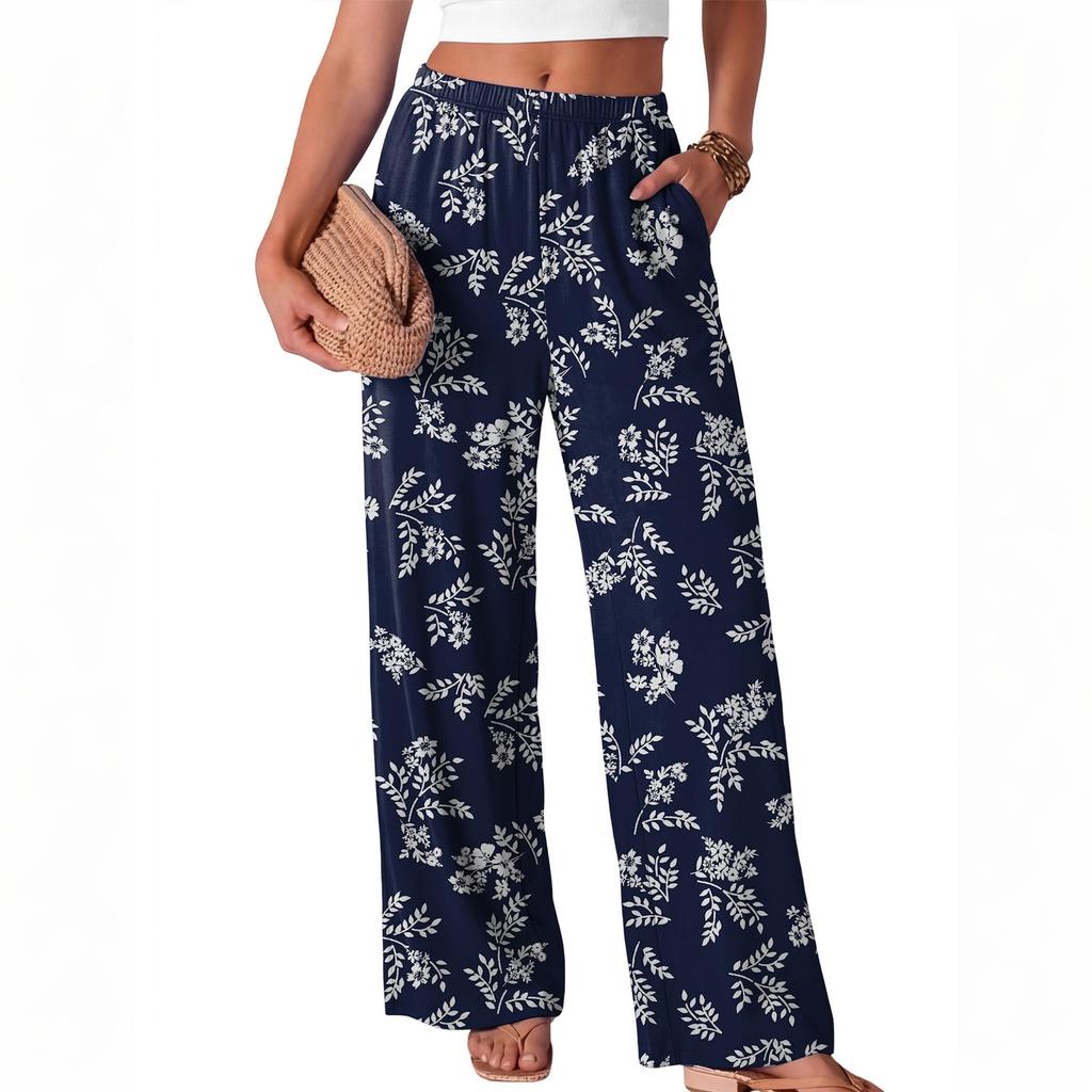 Women Loose Fit Wide Leg Trousers Casual High Waist Elastic Waistband Printed Long Pants for Everyday Wear