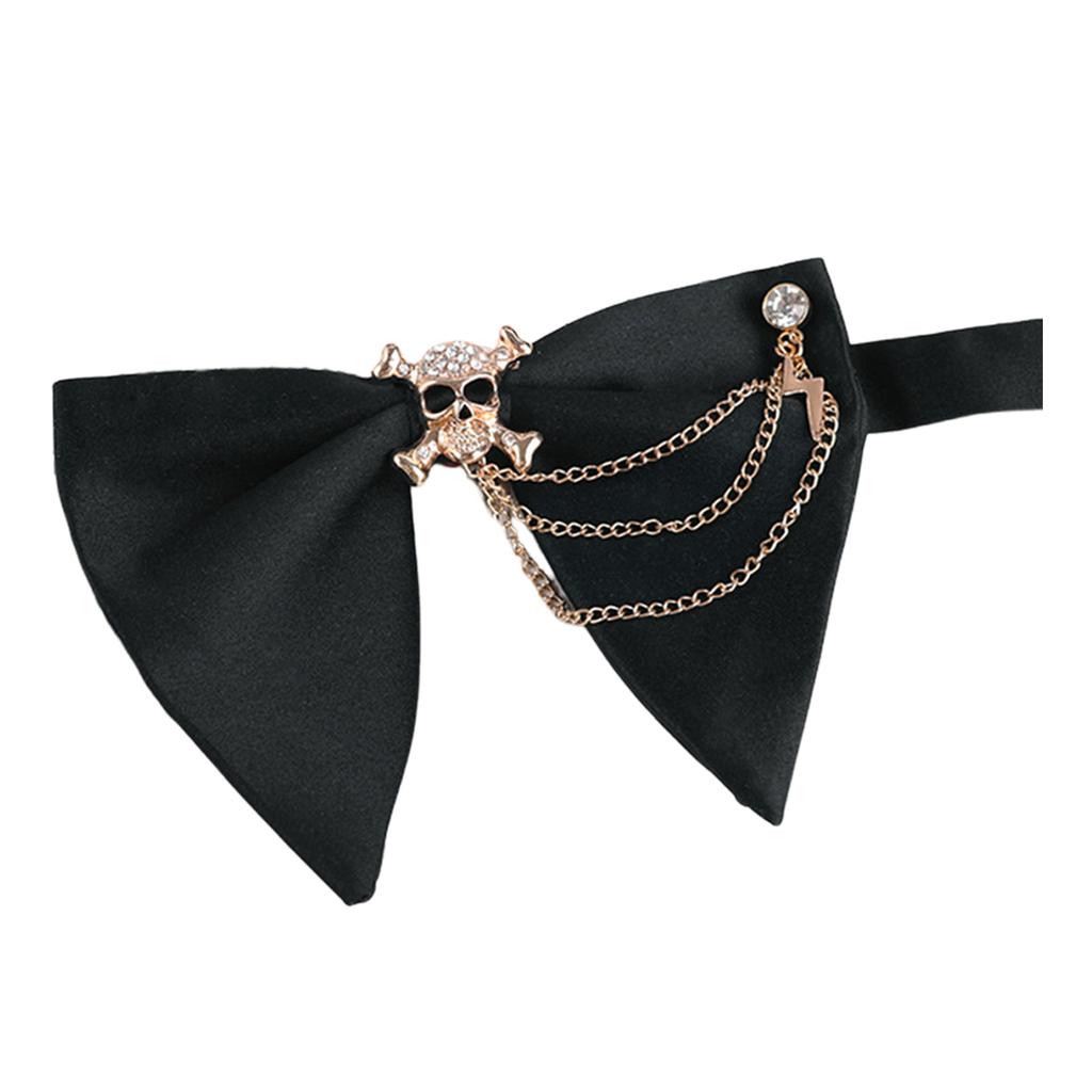 Mens Elegant Black Oversized Bowtie with Pearls Chain Adjustable Pre Tied Horn Bows Tie Tuxedo Necktie for Wedding Party
