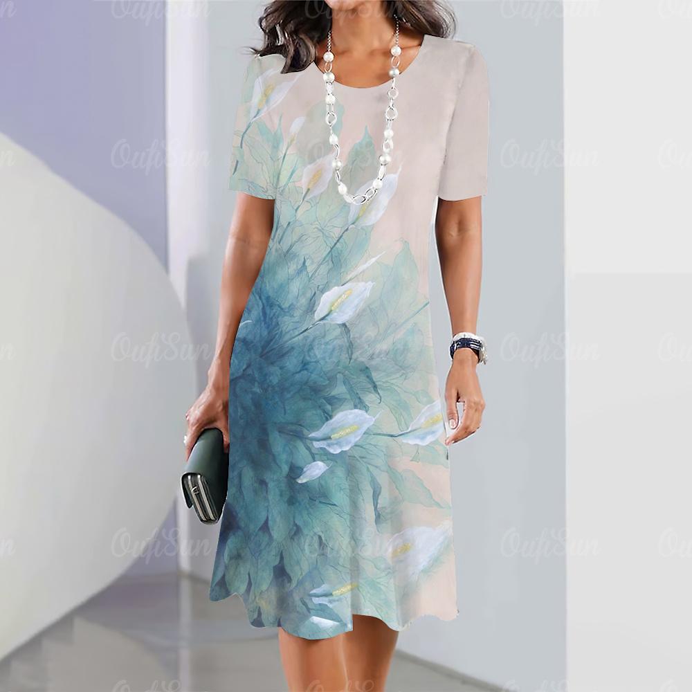 2026 Neues Damen Midikleid mit Blumendruck Elegant und Schön Sommer Rundhalsausschnitt Lässiges Lockeres Kleid