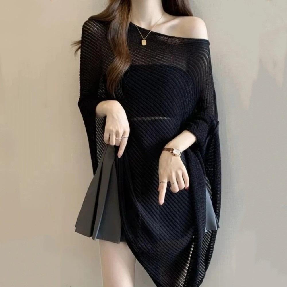 Transparent Sunscreen Cover Up Stripe Patchwork Bohemian Shawl Casual Crochet Hollow Top Vacation