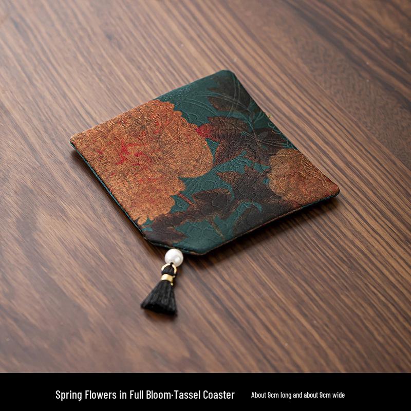 Elegant Chinese Tassel-Fabric Coaster: Waterproof, Anti-Slip, Double-Sided Tea Table Accessory