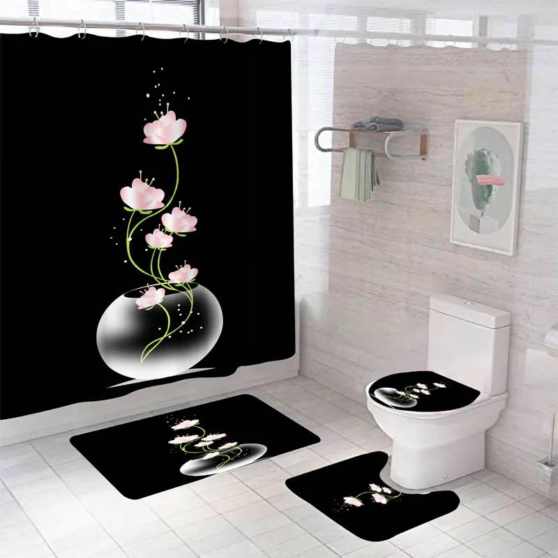Rose Flower Shower Curtain Set Non-Slip Rugs Bath Mat Toilet Lid Cover And 12 Hooks Waterproof Polyester Bathroom Home Decor