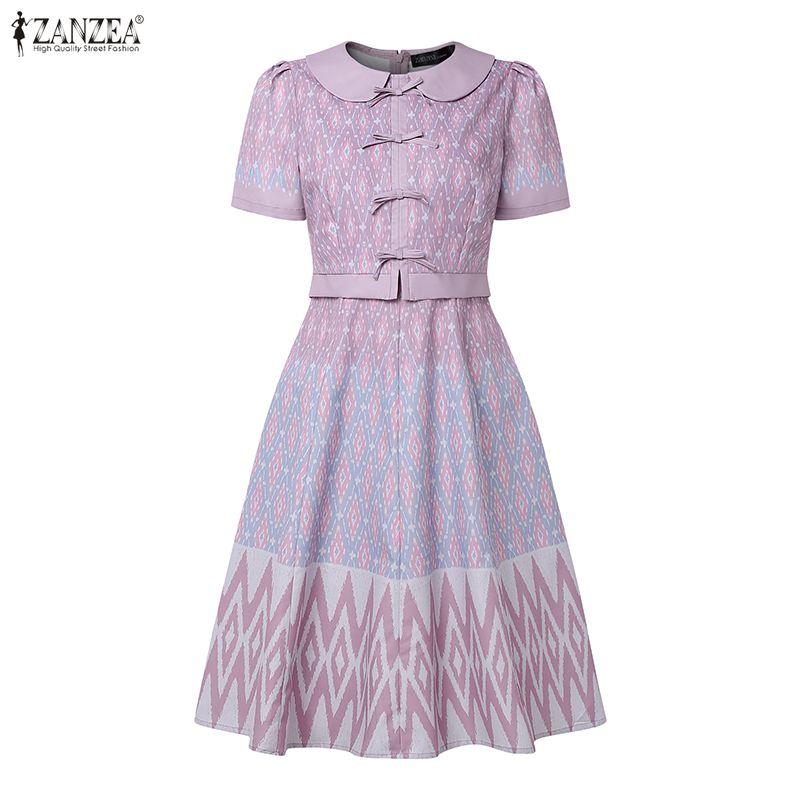 ZANZEA Women Summer Doll Collar Casual Short Sleeve Print Dress