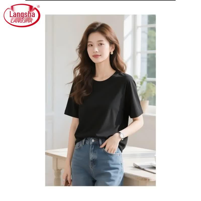 Langsha Women s Pure Cotton Loose Fit Short Sleeve T-Shirt XL чёрный
