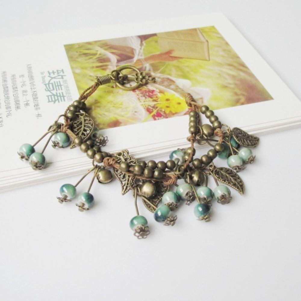 Tassels Charm Cherry Bracelet Ceramic Beads Bohemian Braided Bracelet  Daily Wear