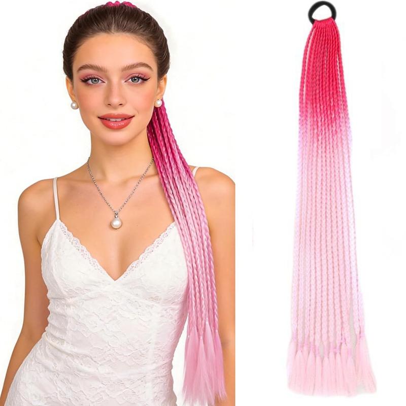 Braided Ponytail Hair Extensions 24 Inch Colorful Box Braids with Rubber Bands Synthetic Hairpieces for Girl  Women Accessories Crazy Hair Day