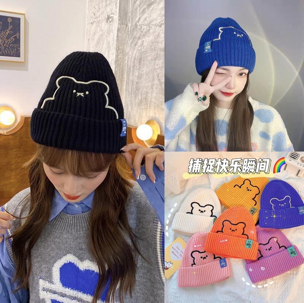 Winter New Bear Embroidery Cartoon Wool Hat Ins Versatile Warm Fashion Pullover Cold Hat Knitted Hat Children