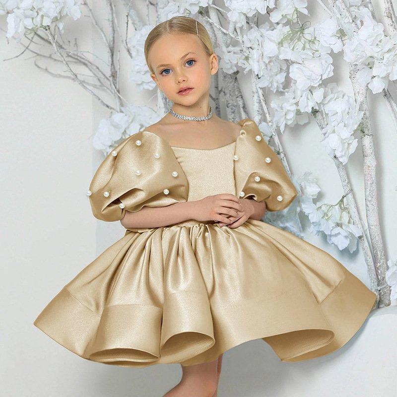 Children's Fashion Show Evening Gown, White Fluffy Silk Princess Dress, Small Host Performance Costume