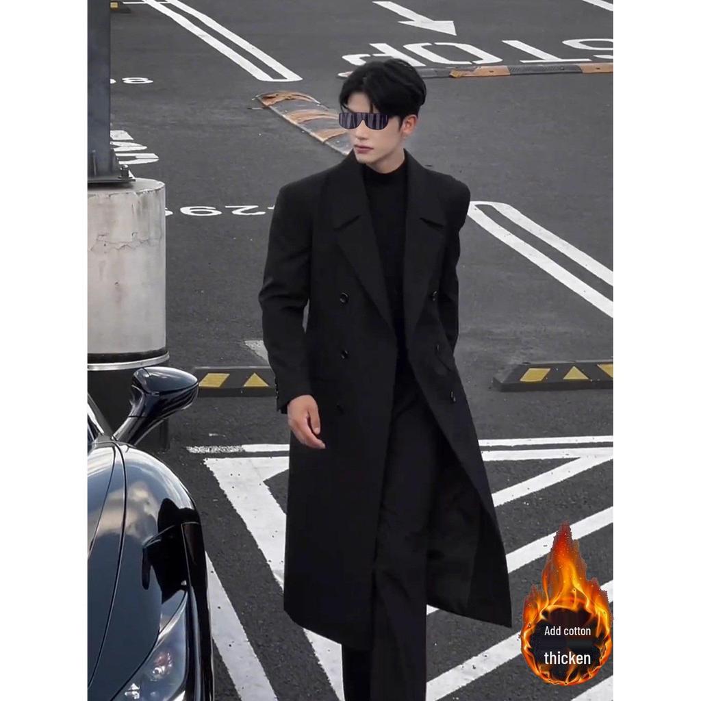 Men's Double-breasted French-Style Trench Coat: Autumn/Winter Korean-Inspired Trendy Woolen Coat with Drop Shoulders