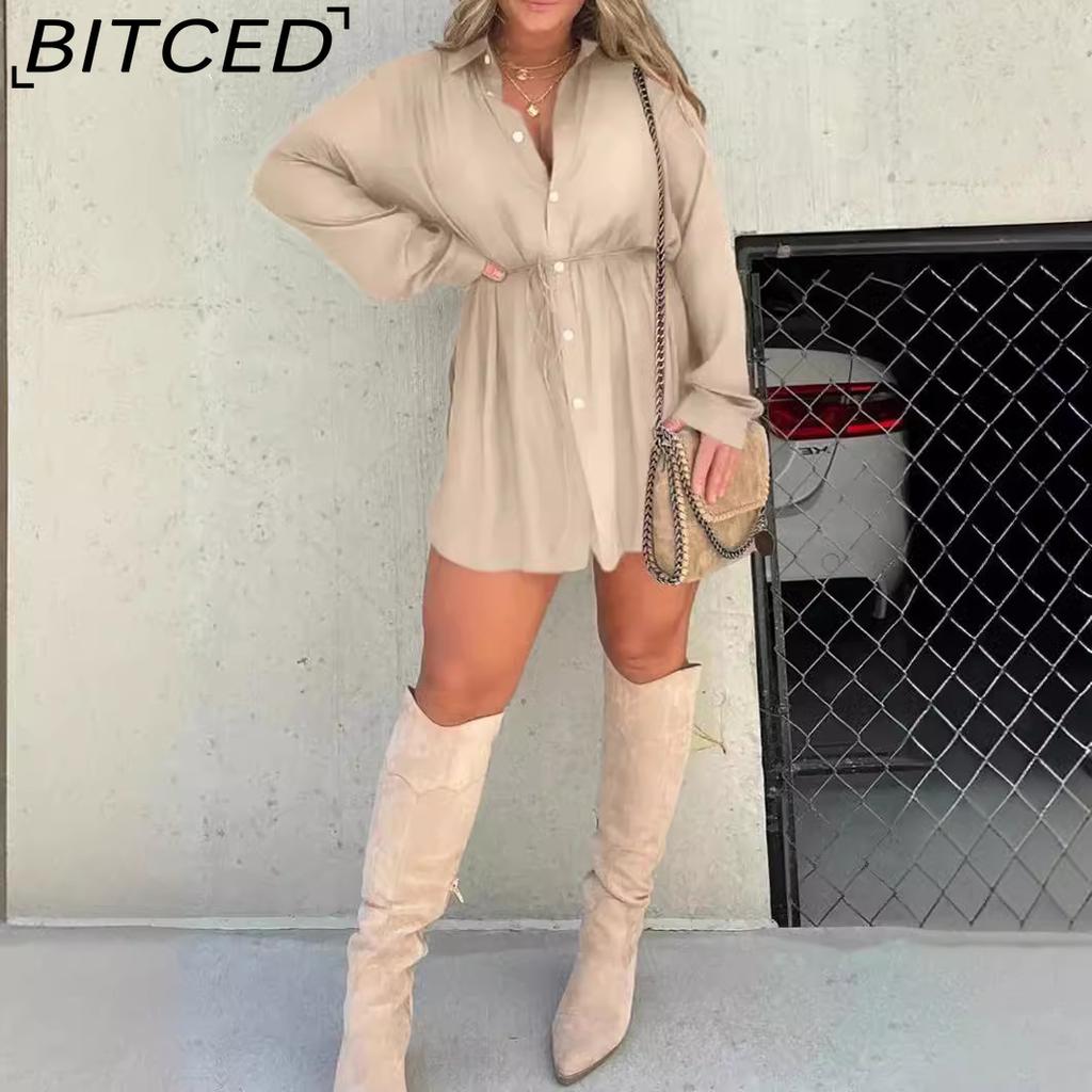 BITCED Autumn Women's Fashion Solid-Colour Long-Sleeved Shirt and Trousers Set