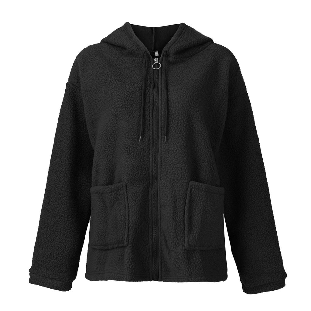 Dammode Enfärgad Långärmad Dragkedja Huvförsedd Ficka Lammfleecekappa