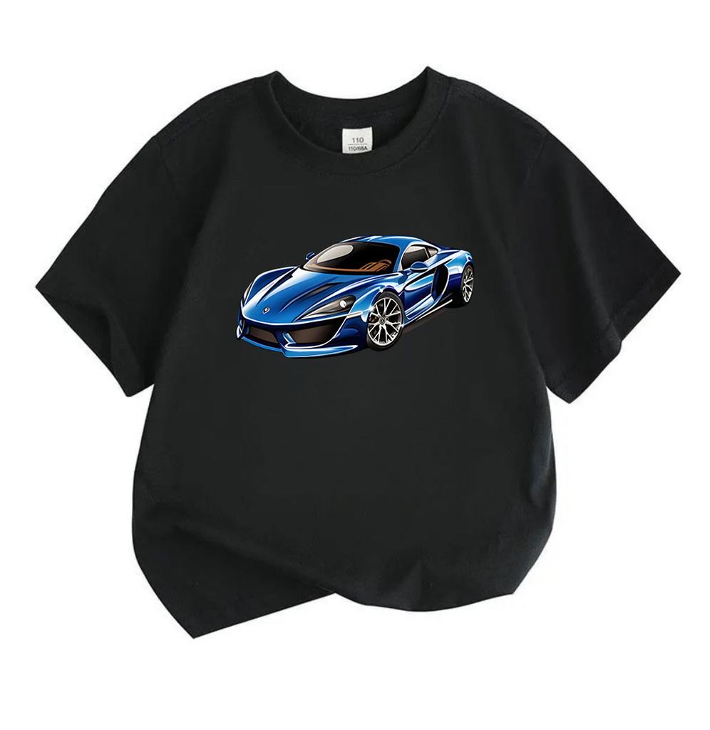 Kids Boys Girls Crew Neck Short Sleeve 100% Cotton T-Shirt, Cool Blue Sports Racing Super Car Print Casual Tees for Toddlers Children Daily Wear Summe