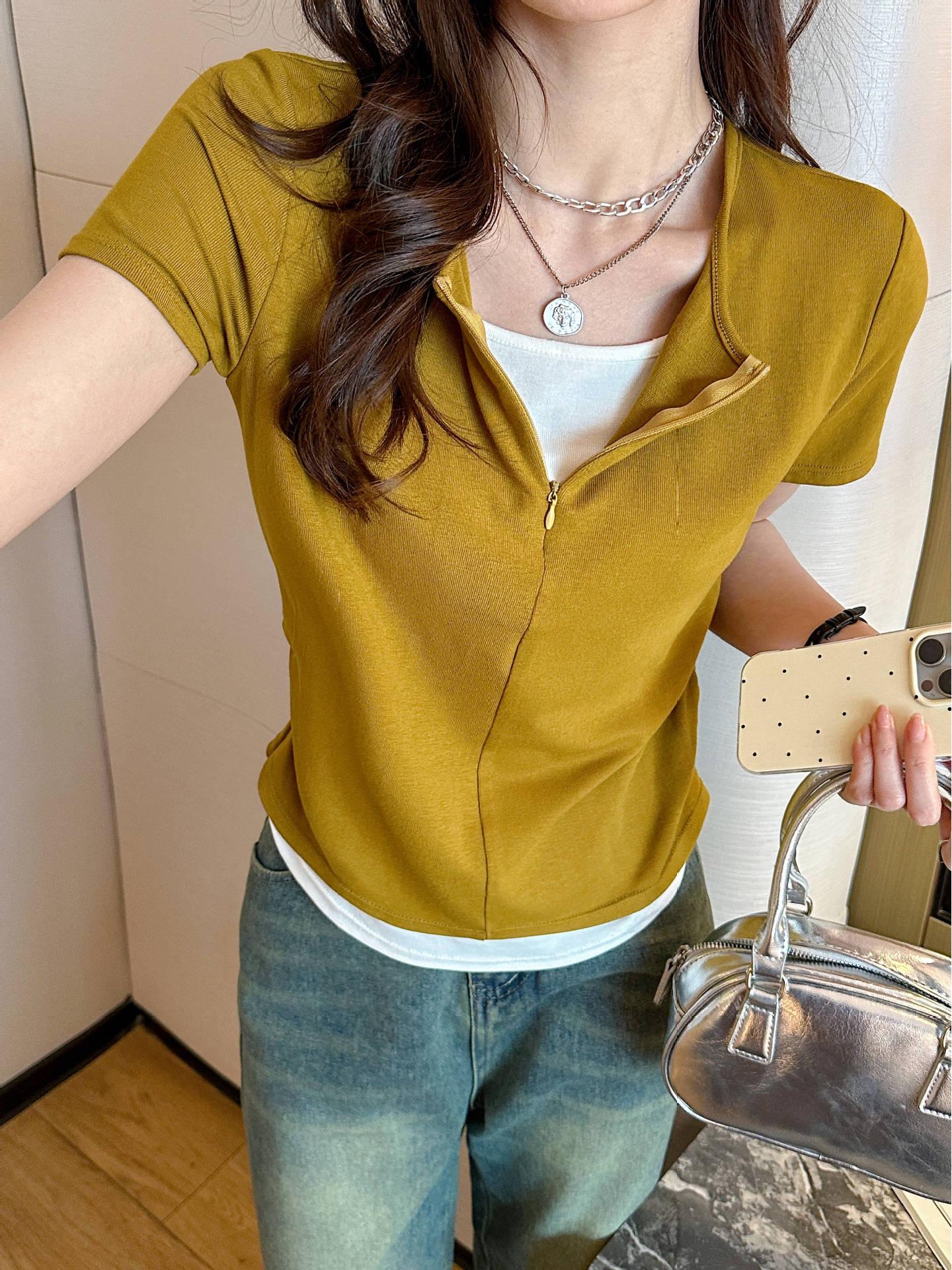 

Женская футболка с коротким рукавом, застегивающаяся на молнию до половины, из двух частей - мода весна/лето 2025 г. XL (recommended for 110-145 Jin)