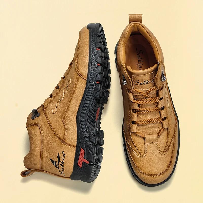 Handmade men boots autumn winter brown leather outdoor hiking sneakers plus size 39-48 male anti slip ankle boots Botas Hombre