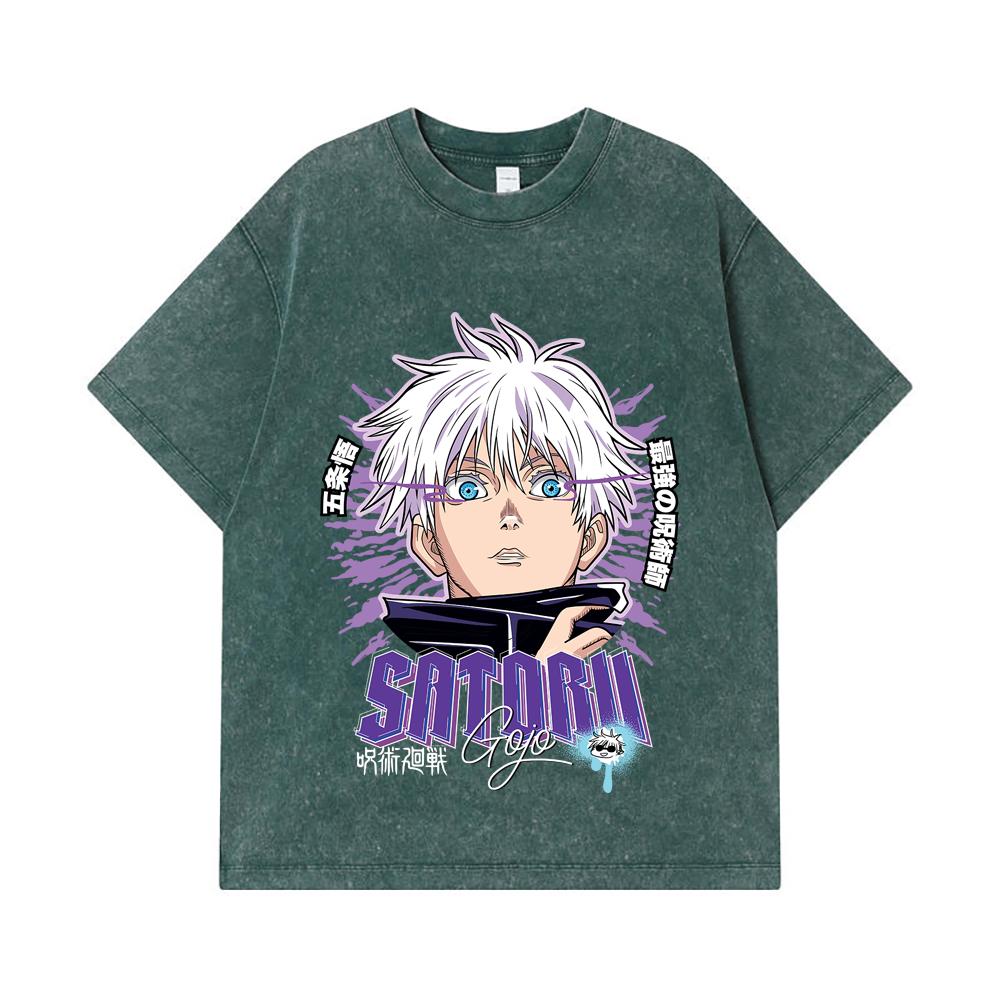 275 GSM Washed T-shirts 100% Cotton Jujutsu Kaisen V27 Gojo Print Unisex Heavy Cotton T Shirt