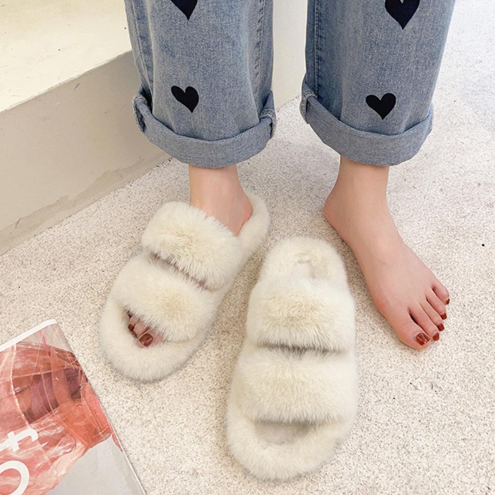 Damen Weiche Plüsch Doppelriemen Hausschuhe Fell Gemütliche Winter Pantoletten