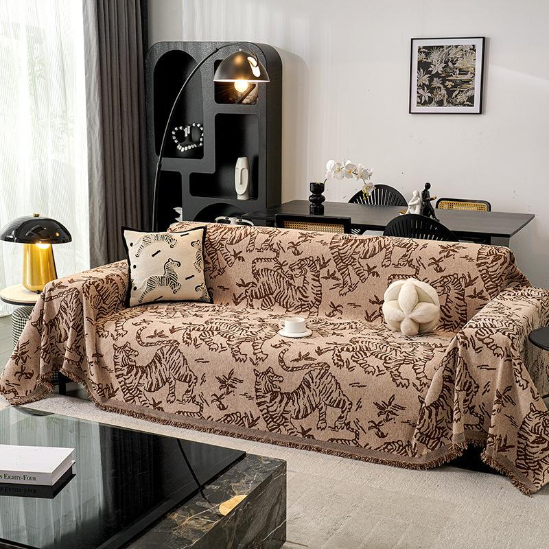 Green Chenille Slipcover Retro Tiger Animal Anti Cat Scratch Furniture Protector Bedspread Couch Towel Full Cover Blanket 3 Set