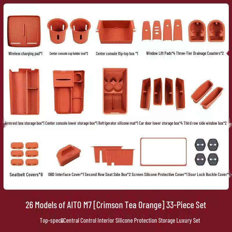 Compatible with 26 AITO M7 models, this silicone car interior set features wireless charging capabilities and decorative modifications.