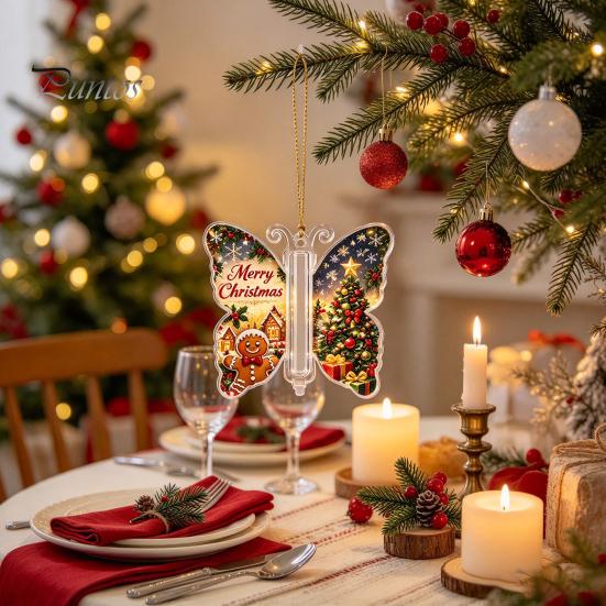 Christmas Keepsake for Money Cash Gift Ornament, 2D Acrylic Butterfly Holder Unique Family Ornament with Clear Compartment Trees, Windows, Doors
