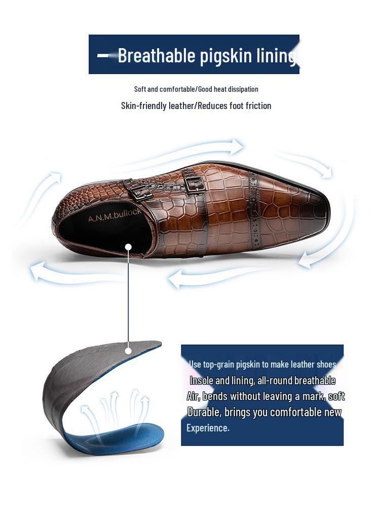 Men's Genuine Leather Slip-On Monk Shoes - Square Toe Business Casual