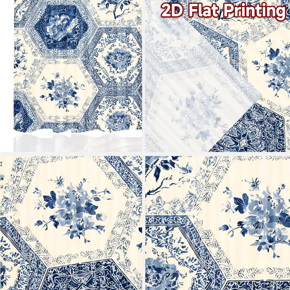 2pcs   2D FLAT PRINTING Curtains (Without Rod) Blue Hexa Pattern Modern Fashionable Curtainments Machine Washable Fabric Curtains